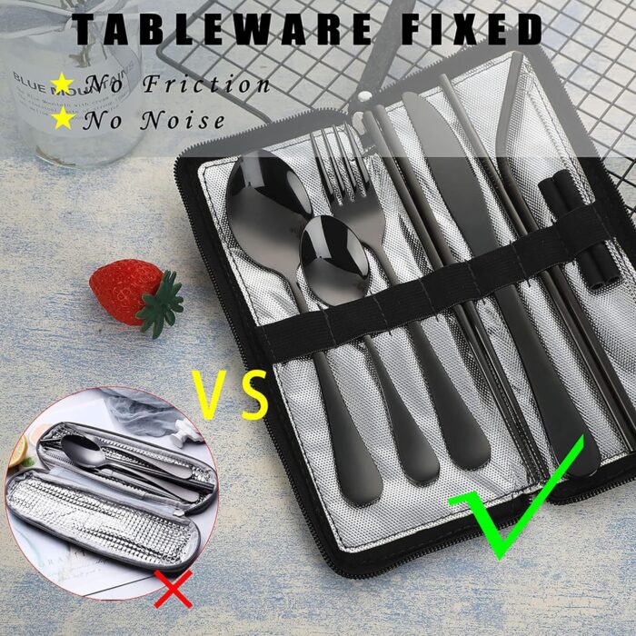 VANDBAO Portable Travel Utensils, Reusable Silverware with Case for Fixing Tableware, 9 Pieces Stainless Steel Stable Flatware Set, Camping Picnic Cutlery Set (Black Set) - Image 2