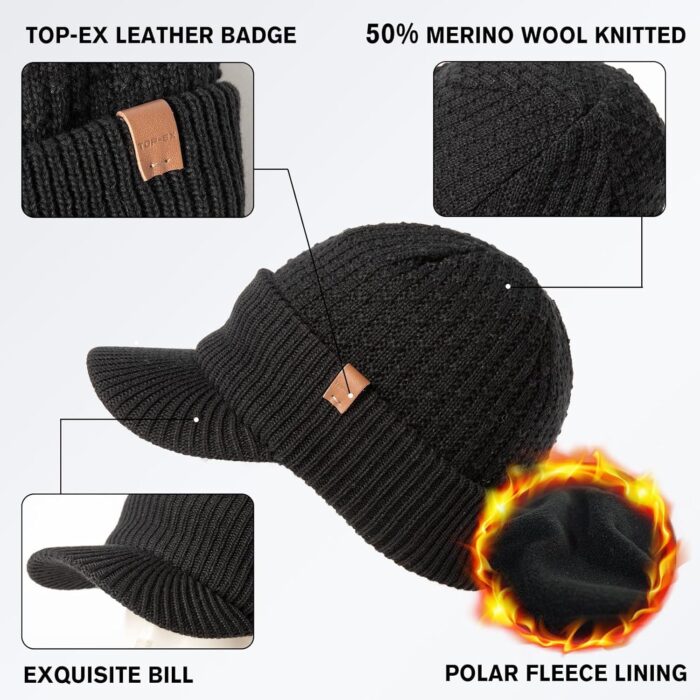 TOP-EX 50% Merino Wool Winter Hats Beanie with Brim Waterproof Warm Fleece Lined for Cold Weather - Image 3
