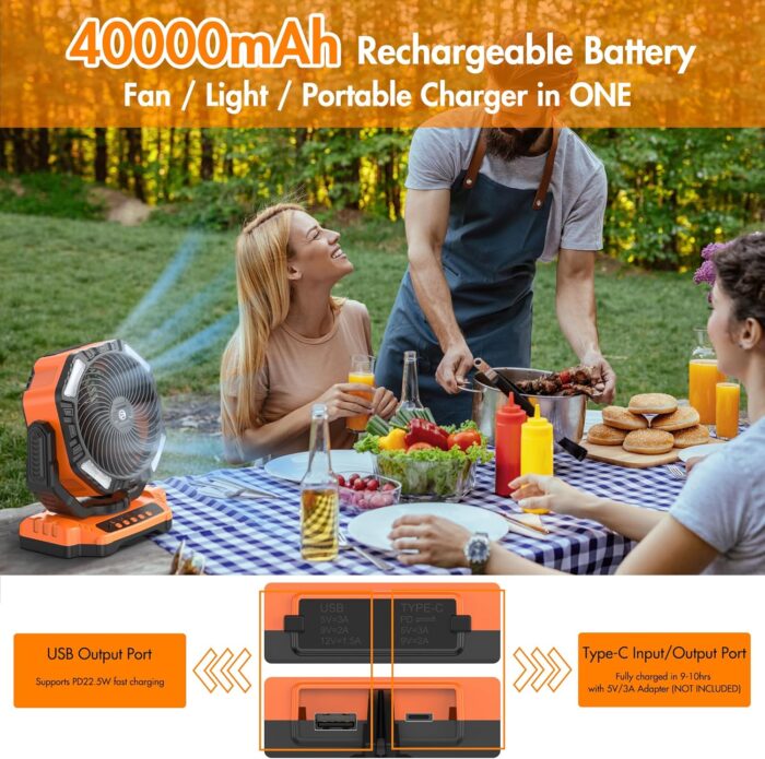 40000mAh Battery Powered Camping Fan - 136H Max Cooling, Rechargeable Battery Operated Oscillating Floor Fan with Charger, Remote & Hook, Portable for Tent Outdoor Patio Garage Hurricane Power Outage - Image 2