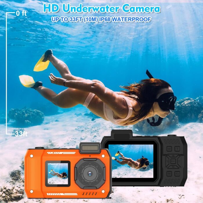 33FT/10M Underwater Camera 4K 48MP Waterproof Camera with 32GB Card Dual-Screen Rugged Dustproof Shockproof Autofocus Selfie Digital Camera for Snorkeling Diving Sport Travel (Orange) - Image 2