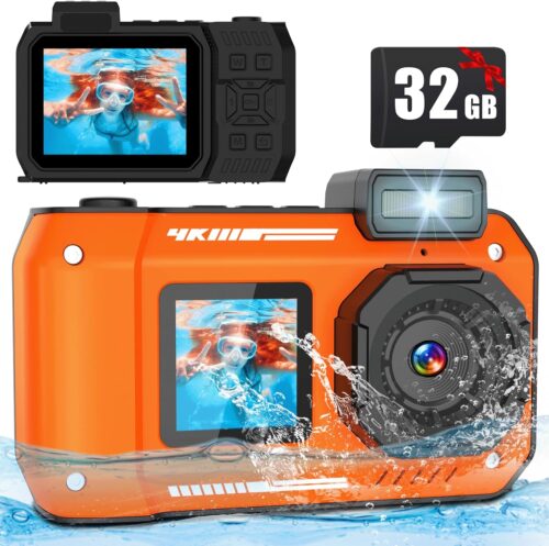 33FT/10M Underwater Camera 4K 48MP Waterproof Camera with 32GB Card Dual-Screen Rugged Dustproof Shockproof Autofocus Selfie Digital Camera for Snorkeling Diving Sport Travel (Orange)