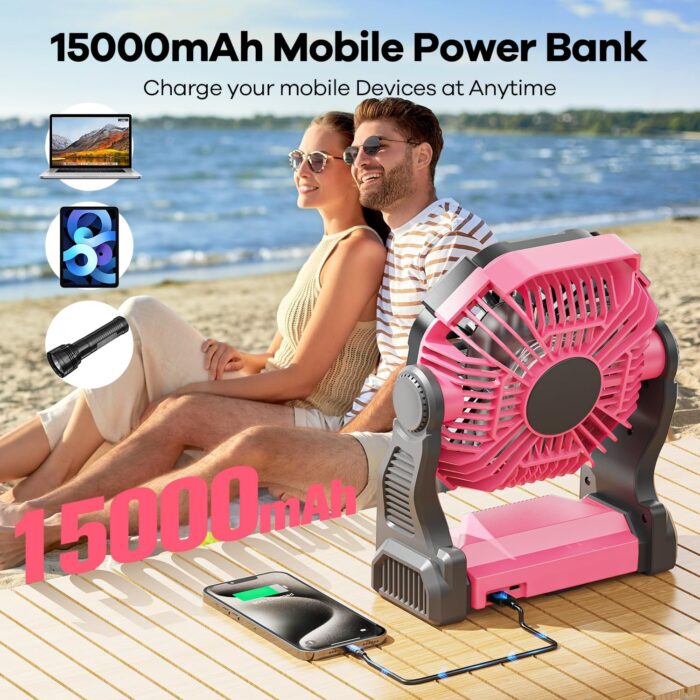 Camping Fan with LED Lantern, 15000mAh Portable Rechargeable Battery Powered Table Fan with Hook, Camping Gear for Picnic, Fishing, Car or Hurricane Power Outages (Pink) - Image 6