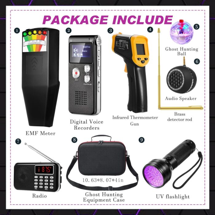 Dunzy 11 Pcs Ghost Hunting Equipment Kit Include Ghost Radio, Electromagnetic Paranormal Radiation Detector, Voice Recorder, UV Flashlight 2 LED Light up Cat Balls Etc(Emf Meter) - Image 2