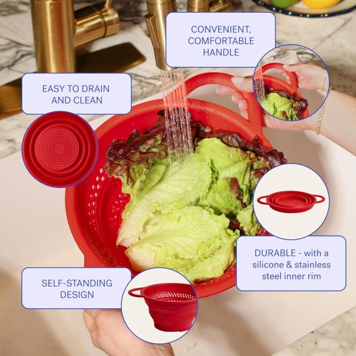 GIR Collapsible Colander for Kitchen – Space-Saving Strainer & Steamer – BPA-Free, Heat-Resistant, Dishwasher Safe Kitchen Strainer with Stainless Steel Rim – Durable Collapsible Colander - Red - Image 4
