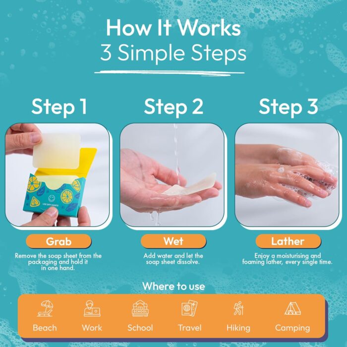 FOMIN - Antibacterial Paper Soap Sheets for Hand Washing - (300 Sheets) Orange, Tea Tree, Lavender Portable Travel Soap Sheets, Dissolvable Camping Mini Soap, Portable Hand Soap Sheet - Image 2