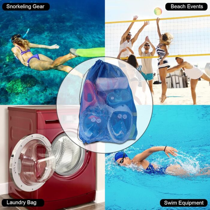 3 Pack Mesh Gear Bag Oversized 19" x 27" For Snorkel Scuba Swim Dive Gear Oversized Drawstring Net Bag for Sports Equipment, Gym, Beach, Pools Toys, Balls, Laundry, Scalloping Collect, Black & Blue - Image 3