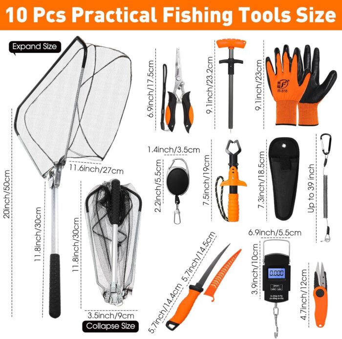 10 Pcs Fishing Tool Kit, Fishing Pliers with Lanyard and Protective Sheaths, Landing Net, Fillet Knife, Fish Scale, Gripper, Hook Remover, Braid Scissors, Gloves for Fishmen Gifts - Image 2