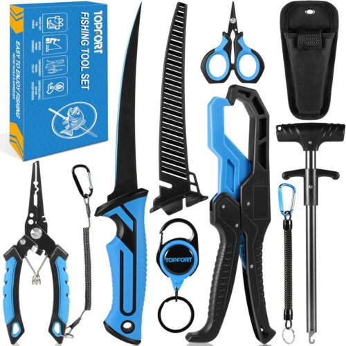 TOPFORT Fishing Gear Tool Kit - 7PC Saltwater Fishing Pliers Accessories Set - Fishing Equipment with Fish Knife Scissors Hook Remover Tools Line Cutter and Fish Lip Gripper - Fishing Gifts for Men