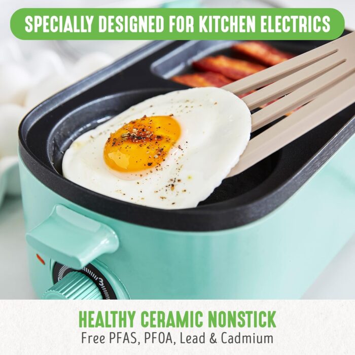 GreenLife 3-in-1 Breakfast Maker Station, Healthy Ceramic Nonstick Dual Griddles for Eggs Meat Sausage Bacon Pancakes and Breakfast Sandwiches, 2 Slice Toast Drawer, Easy-to-use Timer, Turquoise - Image 2