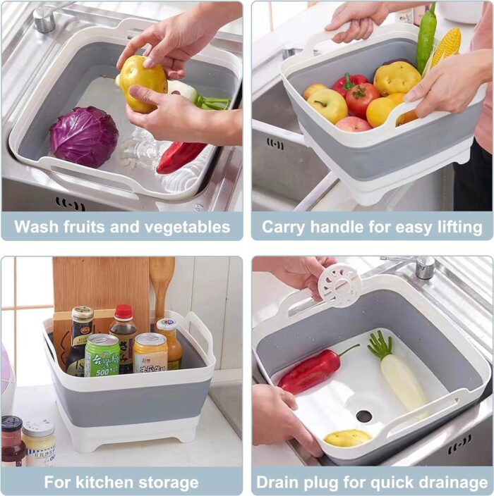 2.4 Gal(9L) Collapsible Dish Basin with Drain Plug, Space Saving Outdoor Multiuse Foldable Sink Tub, Dishpan, Kitchen Storage Tray for Camping, Vegetable Washing, RV (Gray) - Image 6