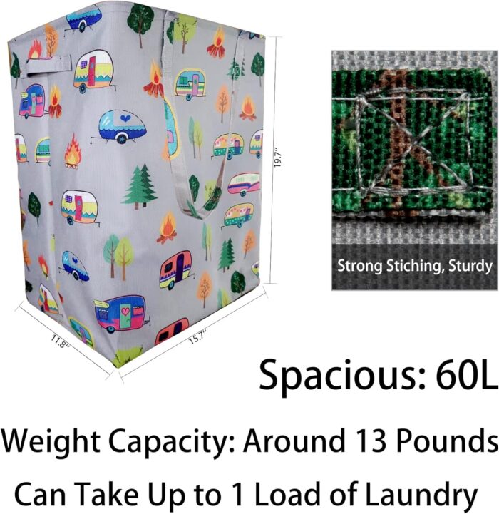 Kay&J Collapsible 60L Laundry Hamper, Slim and Tall Laundry Basket, Long Handles for Portability, Great for Home and Camper Use, Camper Gift RV Travel Trailer Camper Decor Accessories - Image 3