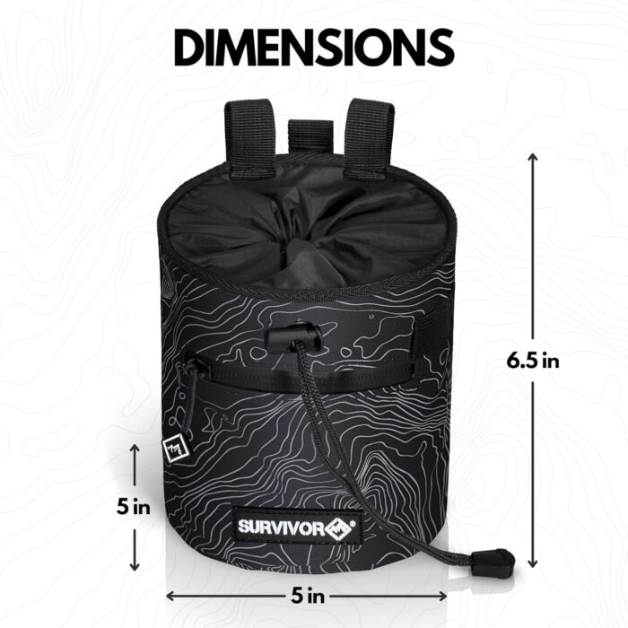 SURVIVOR Chalk Bag - Iconic Topographical Map, Draw String Closure, 2 Zippered Pockets, & Brush Holder - Chalk Bag for Rock Climbing, Bouldering, Weightlifting, Gymnastics & More - Image 8