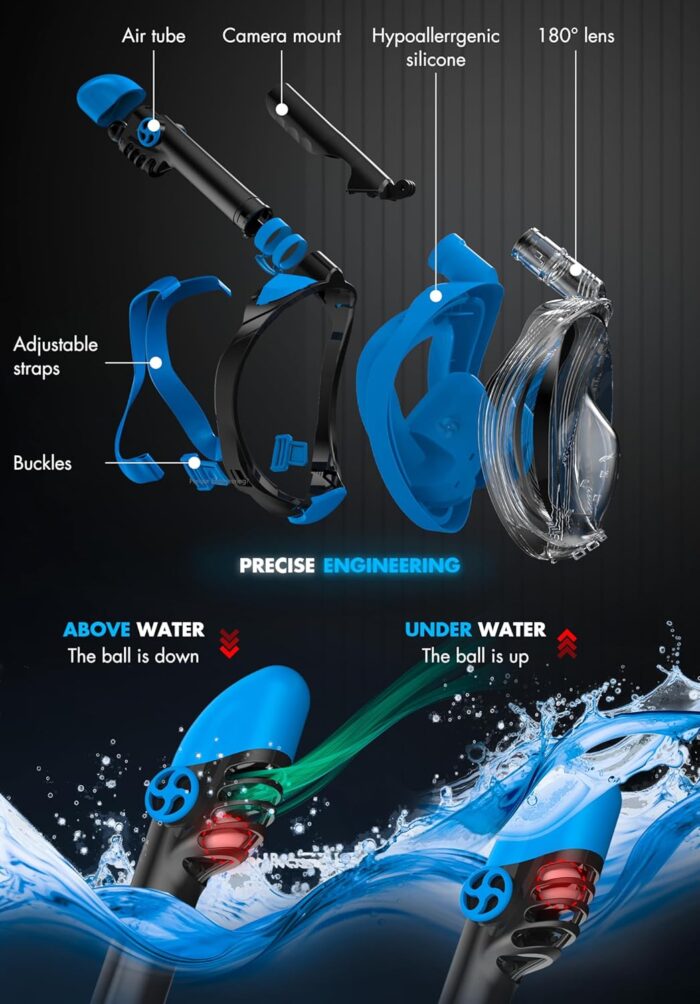 COZIA DESIGN Snorkeling Gear for Adults with Fins - Full Face Snorkel Mask and Swim Fins, 180° Panoramic View Snorkel Mask, Anti Fog and Anti Leak Adult Snorkel Set - Image 5