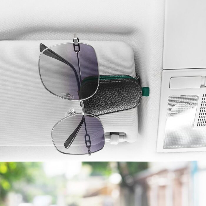 SINGARO Sunglasses Holder for Car, Leather Magnetic Buckle Sun Visor Sunglass Clip, Ticket Card Storage Glasses Clip, Car Interior Accessories for Men and Women（Black-Green） - Image 3