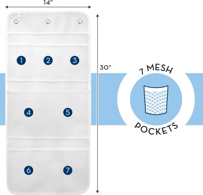 S&T INC. Shower Organizer, Shower Caddy or Bathroom Organizer with Quick Drying Mesh, 7 Pockets to Hold Shampoo, Soap, Loofah, and Cruise Ship Essentials, 14 Inch by 30 Inch, White, 1 Pack - Image 3