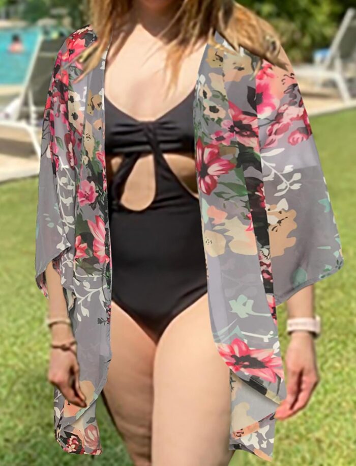 Women's Floral Print Puff Sleeve Kimono Cardigan Loose Cover Up Casual Blouse Tops - Image 2