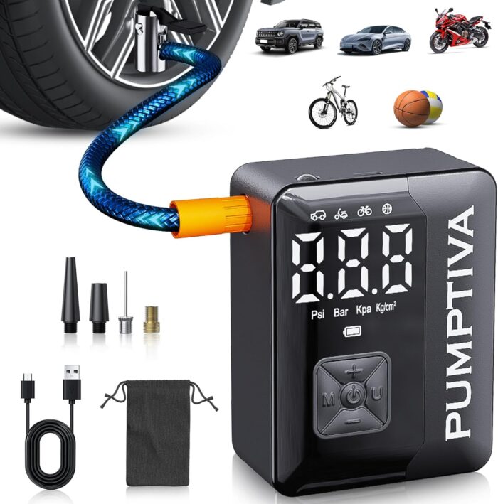 Tire Inflator Portable Air Compressor, 150 PSI Portable Electric Bike Pump Auto Shut-Off Cordless Mini Car Tire Air Pump with Accurate LCD Display LED Light for Car, Motorcycle, Bicycle, Bike, Ball - Image 9