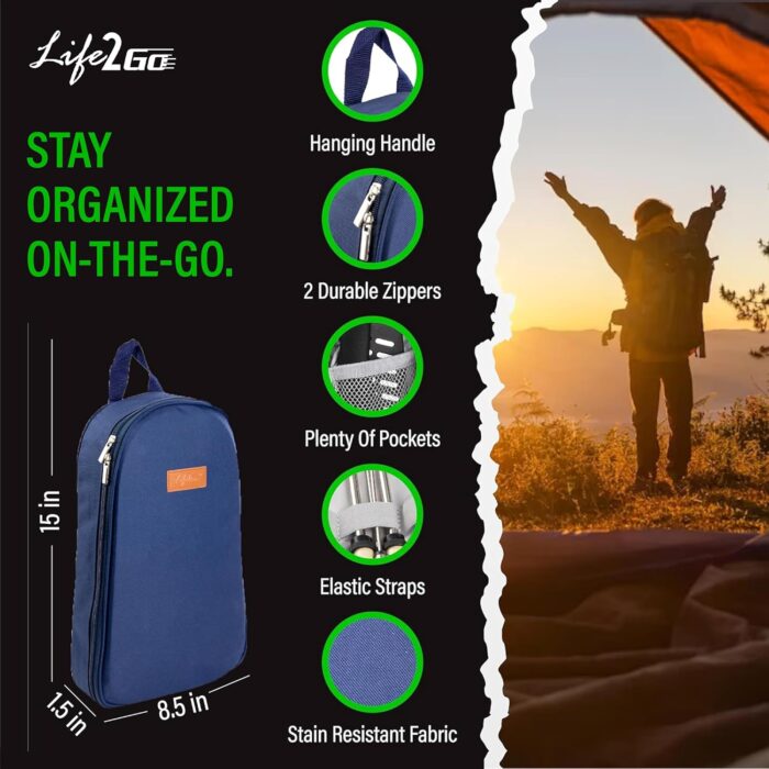 12 Pcs Camp Cooking Utensil Set & Outdoor Kitchen Gear Cookware Kit, Portable Compact Carry Case for Camping, Hiking, Travel, BBQ Grilling Stainless Steel Accessories Spoon & Fork, Navy - Image 5