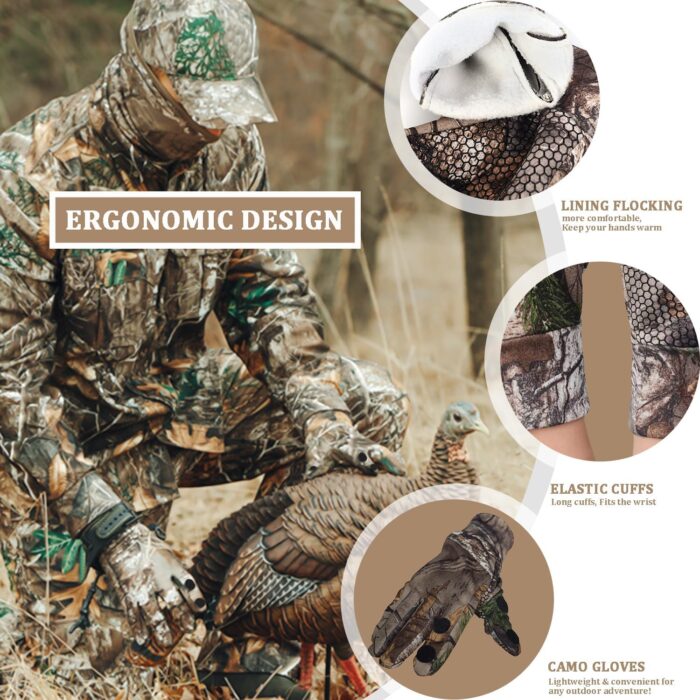 Camouflage Hunting Gloves, Lightweight Anti-Slip Full Finger Fingerless Touchscreen Camo Gloves Outdoor Tactical Hunting Gear Archery Accessories for Turkey Fishing Airsoft - Image 3