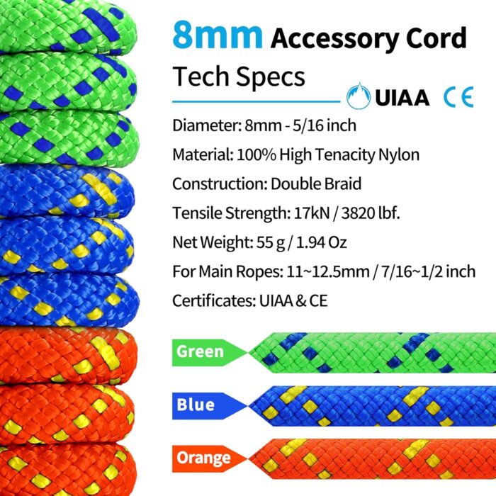 Accessory Cord 8mm (5/16in) 30M(100ft) Prusik Cord Double Braid Pre Cut Marine Rope Nylon Rope CE/UIAA High Tensile Strength for Tree Climbing, Arborist, Mountaineering, Canyoneering - Image 2