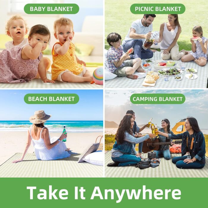 ZAZE Extra Large Picnic Outdoor Blanket, 80''x80'' Waterproof Foldable Blankets Gingham Picnic Mat for Beach, Camping Grass Lawn Park Accessories Cute Couple Gifts Ideas Wedding Registry(Green White) - Image 6