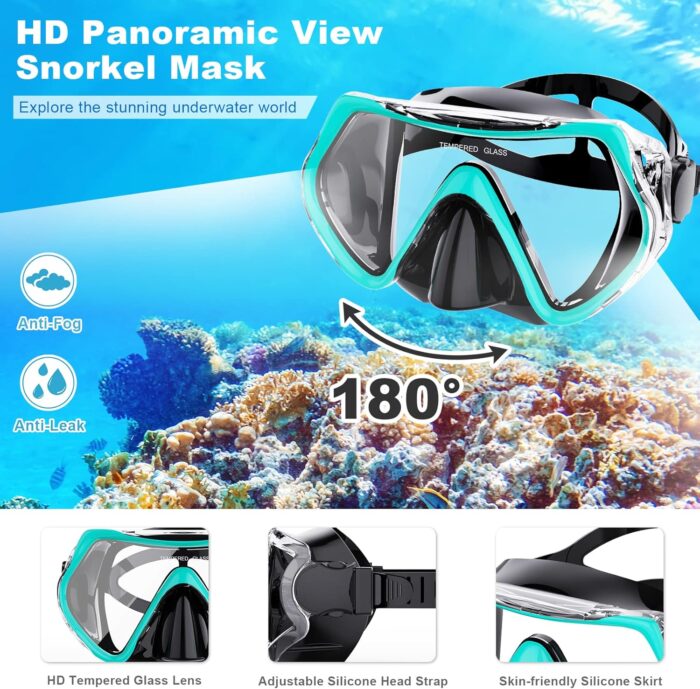 Mask Fin Snorkel Set, Snorkeling Gear for Adults with Panoramic View Mask, Dry Top Snorkel, Adjustable Swim Fins and Travel Bag, Man Woman Snorkel Gear for Swimming Snorkeling Diving - Image 2