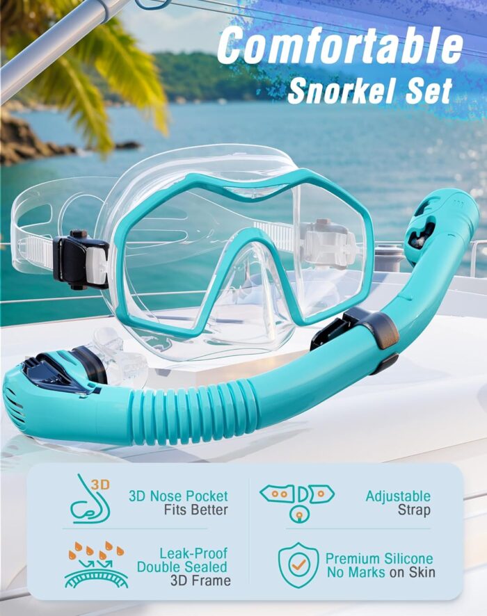 Snorkeling Gear for Adults, Dry Top Snorkel Mask Adult, Snorkel Set with 180°Panoramic Wide View, Anti-Fog Scuba Diving Mask for Snorkeling Swimming Travel - Image 2