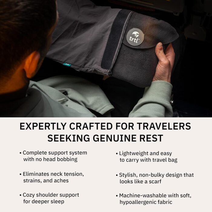 trtl Travel and Airplane Pillow - Real Sleeping Experience on Long Flights - Neck and Shoulder Support - Super-Soft, Lightweight, Easy-to-Carry, and Machine-Washable Flight Pillow - Black - Image 4