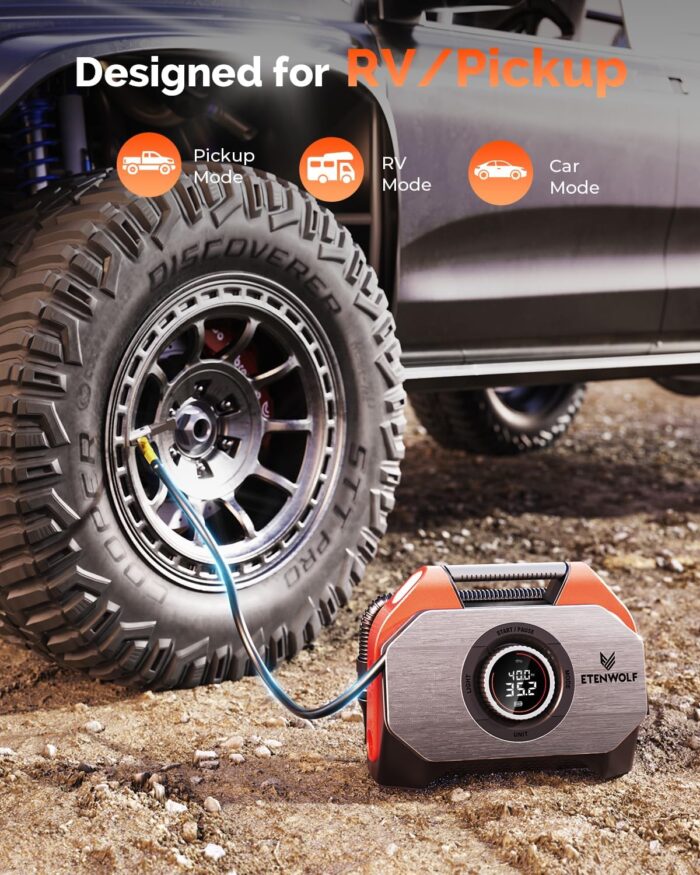 ETENWOLF VORTEX S6 Tire Inflator Portable Air Compressor for Heavy-duty Vehicle, Cordless Air Pump for Car & Inflatables with 19200 mAh Battery, 100% Duty Cycle & Dual Cylinder Bike Pump, Vivid Orange - Image 3