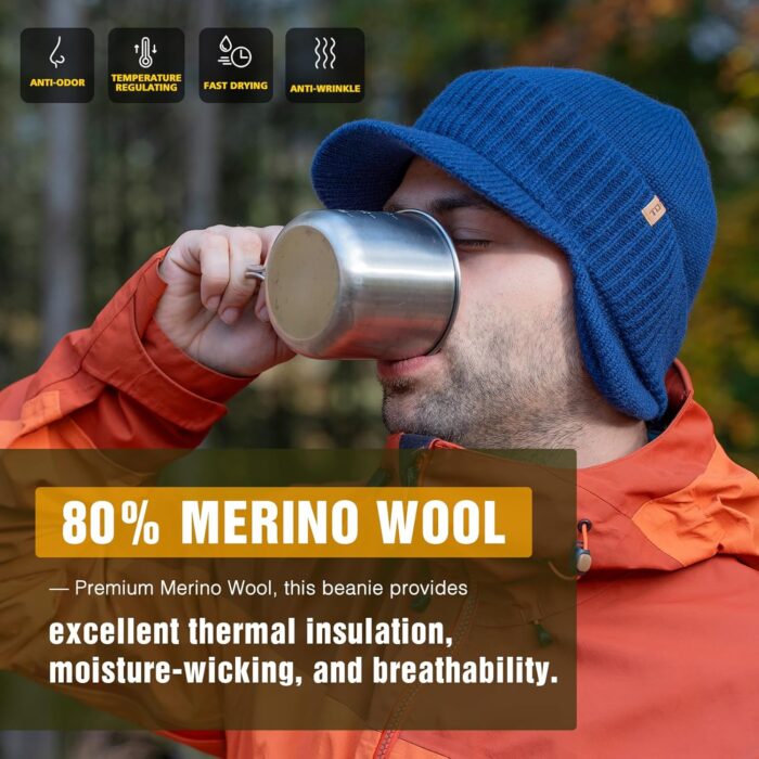 TOP-EX L/XL/XXL Unisex 80% Merino Wool Waterproof Brim Beanie Hats with Ear Flaps Fleece Lined for All Weather - Image 2