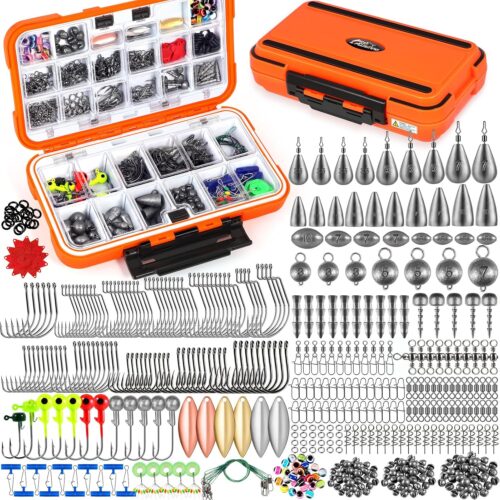 PLUSINNO 449pcs Fishing Gear Accessories Kit, Fishing Tackle Box with Tackle Included, Fishing Hooks, Fishing Weights Sinkers, Jig Heads, Fishing Tackle Set Equipment for Bass Trout, Gifts for men