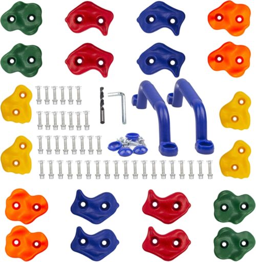 KINSPORY 20pc Rock Wall Climbing Holds Kids & Prise Escalade Enfant, Colourful Pig Nose Shape Climbing Set with Two Blue Handles for Indoor Outdoor Playground PlaySet Building