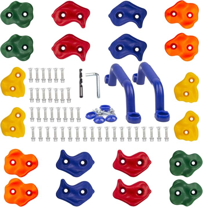 KINSPORY 20pc Rock Wall Climbing Holds Kids & Prise Escalade Enfant, Colourful Pig Nose Shape Climbing Set with Two Blue Handles for Indoor Outdoor Playground PlaySet Building