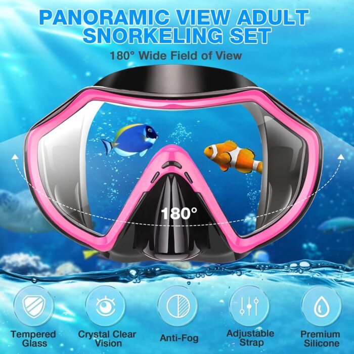 Snorkeling Gear for Adults, Dry Adult Snorkel Set HD Panoramic View Snorkel Mask Set, Anti-Leak and Anti-Fog Scuba Diving Package with Mesh Bag Ear Plug for Snorkeling Scuba Diving Travel - Image 2