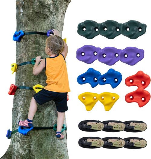 VEVOR Ninja Tree Climbing Kit, 12 Tree Climbing Holds and 6 Ratchet Straps, Large Climbing Rocks for Kids and Adults Climber, and Shapes, for Outdoor Ninja Warrior Obstacle Training