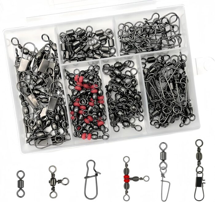 110Pcs Strong Fishing Snap Swivels Kit, Include Rolling Barrel Swivels, Premium 3 Ways Fish Line Connector with Snaps Clips, Fishing Terminal Accessories Tackle Box for Lures Sinkers - Image 3