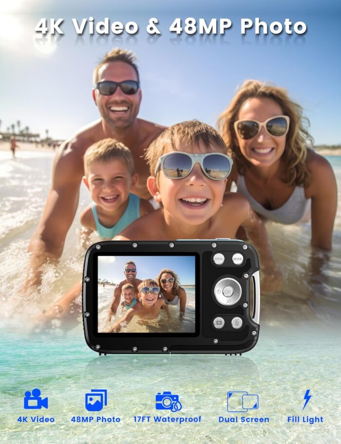 Underwater Camera 4K 48MP Autofocus Selfie Dual Screen Waterproof Camera with Floating Strap and 32GB Card, 17FT Compact Waterproof Digital Camera, Fill Light Underwater Camera for Snorkeling - Image 2