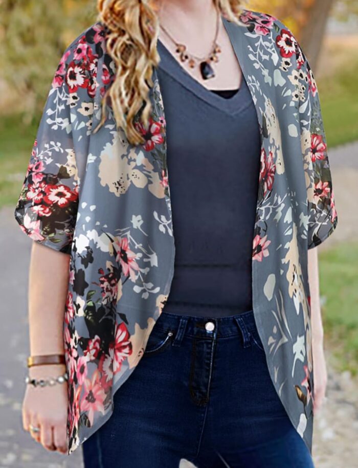 Women's Floral Print Puff Sleeve Kimono Cardigan Loose Cover Up Casual Blouse Tops - Image 3