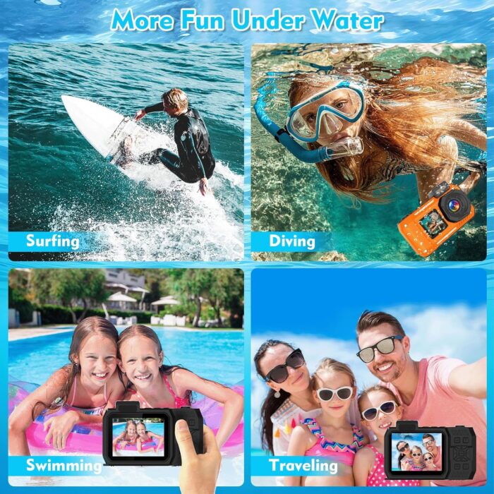33FT/10M Underwater Camera 4K 48MP Waterproof Camera with 32GB Card Dual-Screen Rugged Dustproof Shockproof Autofocus Selfie Digital Camera for Snorkeling Diving Sport Travel (Orange) - Image 6