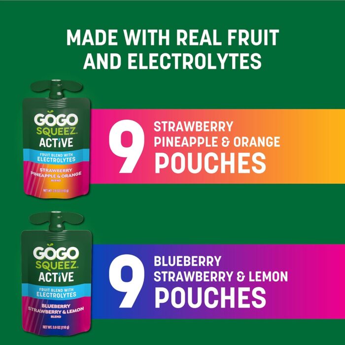 GoGo squeeZ Active Fruit Blend with Electrolytes | 18-Count Variety Pack | Blueberry Strawberry Lemon & Strawberry Pineapple Orange | Made with Real Fruit and Antioxidants Vitamin A, Vitamin E, & Vitamin C​ - Image 6