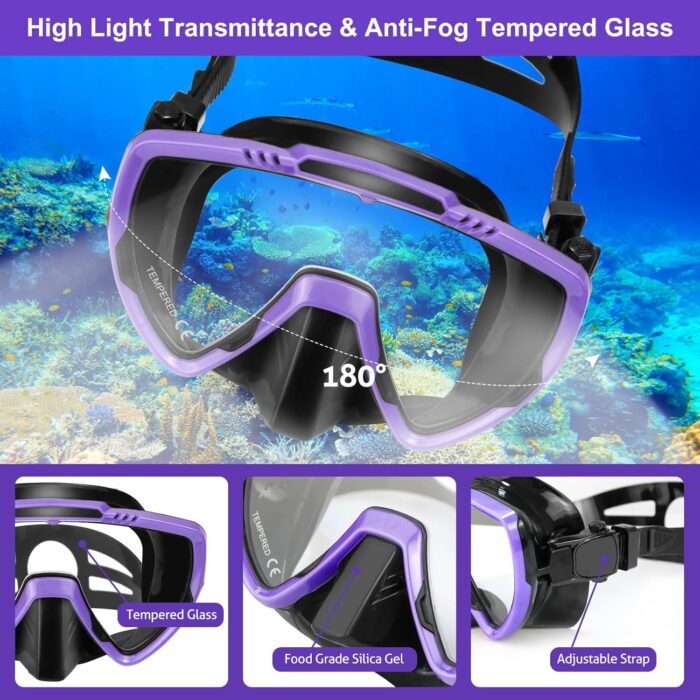 Mask Fins Snorkel Set, Snorkeling Gear for Adults, Panoramic View Diving Mask Anti-Fog, Anti-Leak, Dry Top Snorkel and Dive Flippers with Travel Bag for Snorkeling Swimming - Image 2