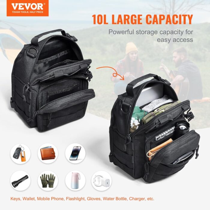 VEVOR Tactical Sling Bag, 10L Military Tactical Shoulder Bag with Molle Design and Waterproof Tactical Backpack, Tactical Shoulder Bag for Men, Caping, Hiking, Hunting and Every Day Carry, Black - Image 2