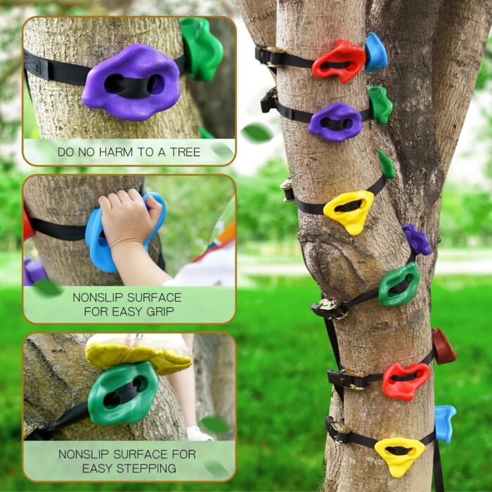 TOPNEW 12 Ninja Tree Climbing Holds for Kids Climber, Adult Climbing Rocks with 6 Ratchet Straps for Outdoor Ninja Warrior Obstacle Course Training - Image 3