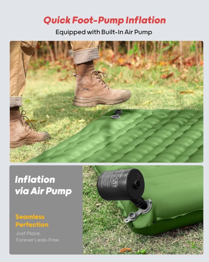 QPAU Camping Sleeping Pad, 2 Person Camping Mat, Enhanced Support for Healthy Comfort Sleep, with Built-in Foot Pump, 4.7 Inch Durable Sleeping Mattress, Hiking, Backpacking and Home - Green-1 - Image 4