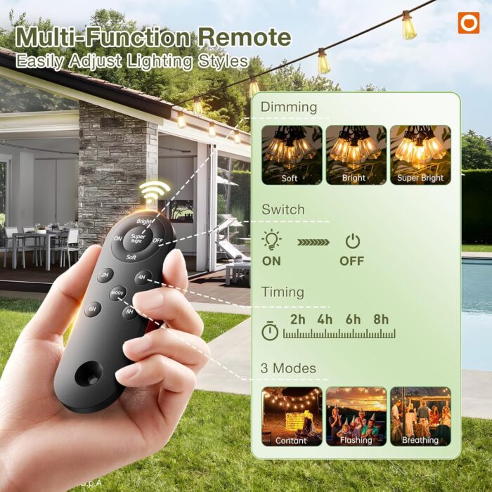 addlon 54(48+6) FT Solar String Lights Waterproof,Patio Lights Solar Powered with Remote & USB Port 15+1 LED Shatterproof Bulbs 3 Light Modes, Dimmable Solar Light for Camping Backyard Garden - Image 3