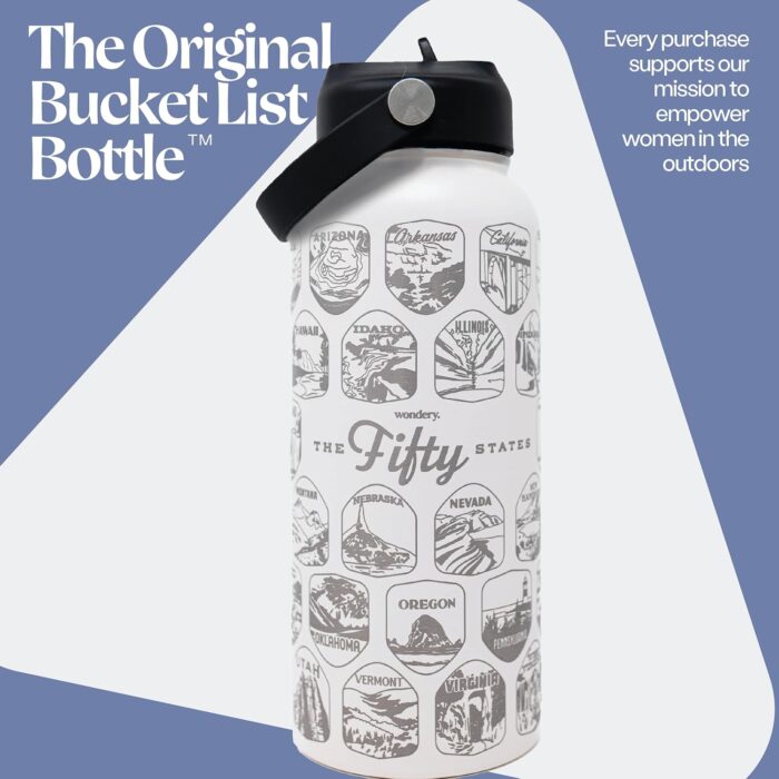 Wondery Official Fifty States Bucket List Travel Water Bottle with Waterproof Stickers and Straw | Cream 32 oz Engraved | Insulated Stainless Steel Vacuum Sealed | Leak Proof - Image 2