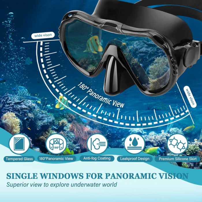 Snorkeling Gear for Adults, 4 in 1 Travel Size Mask Fins Snorkel Set with Panoramic View Anti Fog Mask, Dry Top Snorkel, Trek Fins and Travel Bag, Snorkel Gear for Swimming Diving Snorkeling - Image 2