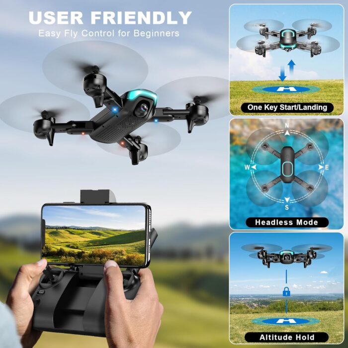Drone with Camera, Foldable Drone for Beginners with 1080P Camera, Upgrade Altitude Hold, Circle/Rotating/Waypoint Fly, 3D Flip, One Key Start, 3 Speed Mode, 2 Batteries - Image 3