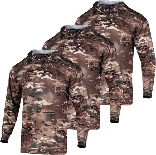 3pcs Men's Hunting Camo Shirts,Camouflage Long Sleeve Hooded Shirts for Men Lightweight Fishing Hiking Camping