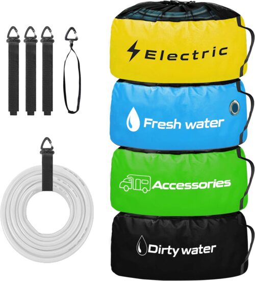 RV Storage and Organization Bag 4 Pack Camper Waterproof RV Accessories Storage and Organizer Bags for Sewer Hoses, Fresh & Waste Water Hoses, Electrical Cords (black/blue/yellow/green)